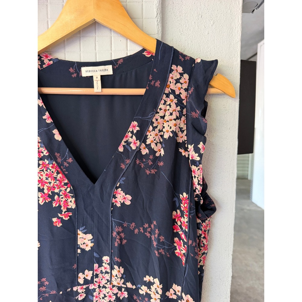 Rebecca Taylor Silk Floral Fit Flare Dress 8 Navy Pink Ruffle V-Neck - Picture 3 of 8